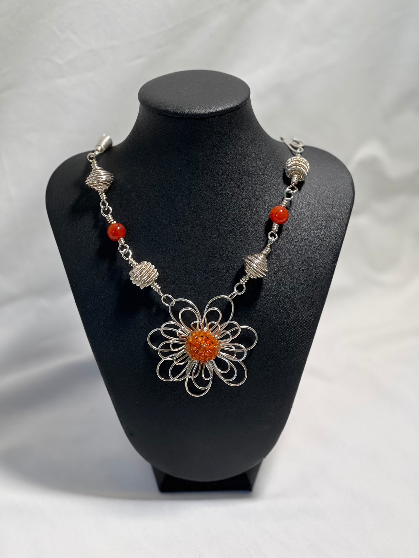 Fine Silver Carneliea Flower Necklace