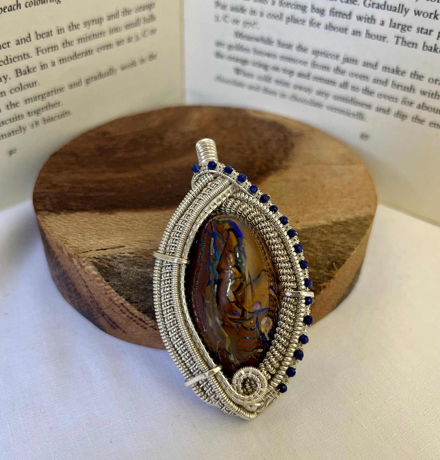 Fine Silver Australian Boulder Opal Lapis lazuli Pendant