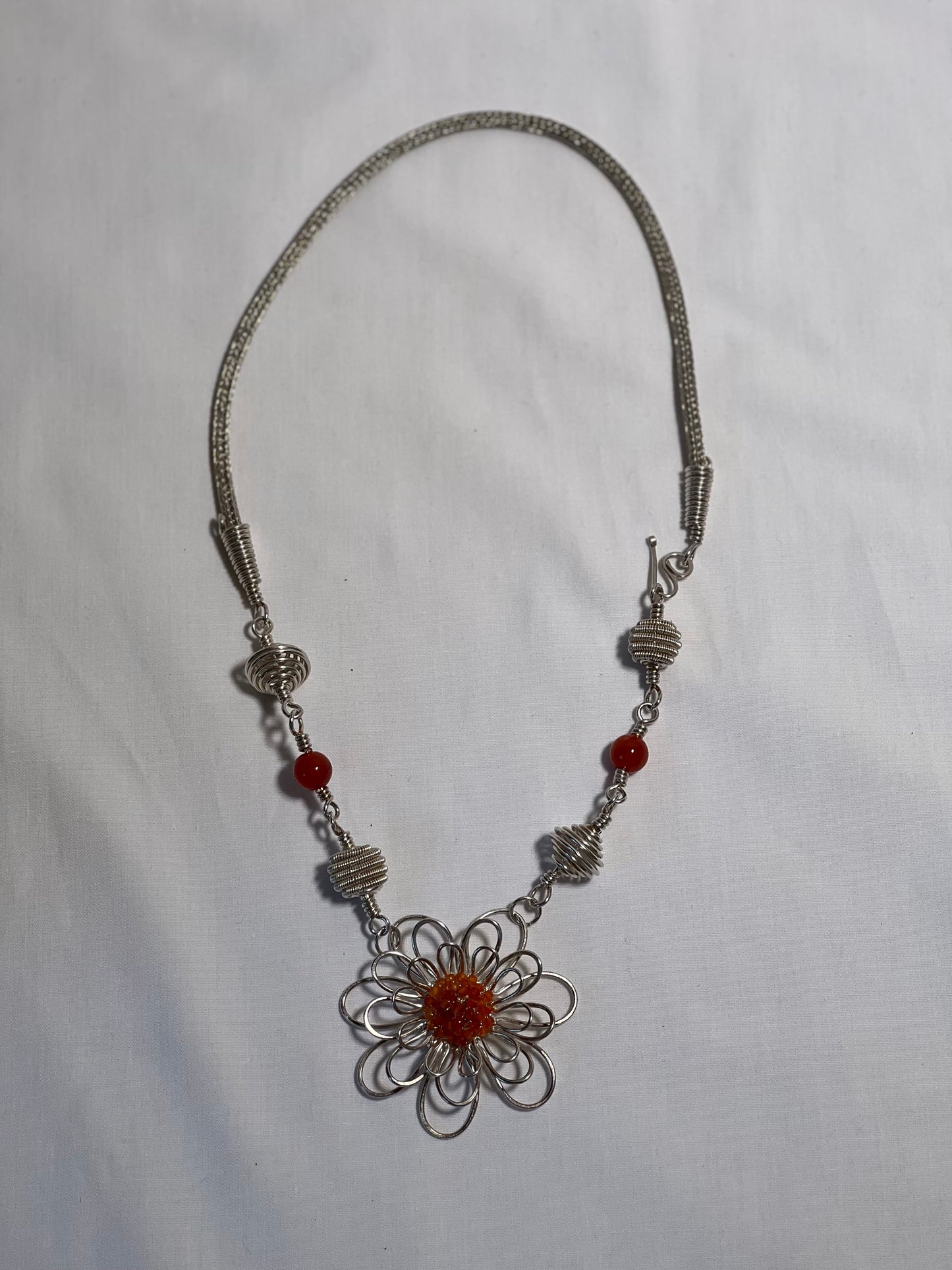 Fine Silver Carneliea Flower Necklace